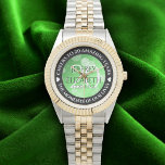Elegant 20th Emerald Wedding Anniversary Watch<br><div class="desc">Celebrate the 20th emerald wedding anniversary with this commemorative watch! Elegant lettering with hexagonal confetti on an emerald green background add a memorable touch for this special occasion and extraordinary milestone. Customize with couple's names,  dates of marriage,  and congratulatory messages.

Design © W.H. Sim. See more at zazzle.com/expressionsoccasions</div>