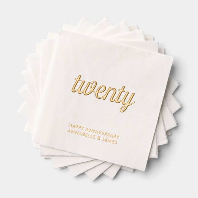 Elegant 20th Wedding Anniversary Gold Foil Napkins (Insitu (Stacked))