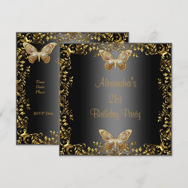 Elegant 21st Birthday Black Gold Butterfly Invitation (Front/Back)