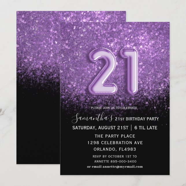 Elegant 21st Birthday Black Purple Glitter Invitation (Front/Back)