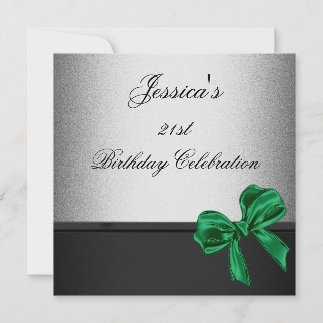 Elegant 21st Birthday Black Silver Emerald Bow Invitation (Front)