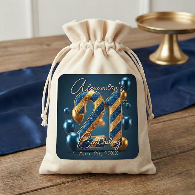 Elegant 21st Birthday Blue Gold Glitter Stripes Square Sticker (Creator Uploaded)