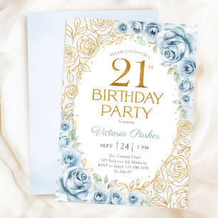 Elegant 21st Birthday Dusty Blue Gold Floral Invitation
