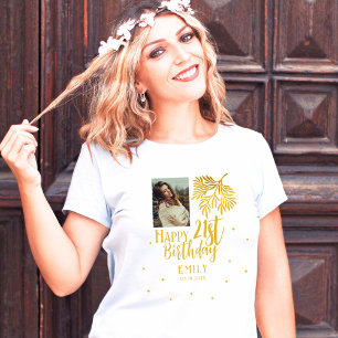 Elegant 21st Birthday Gold Foliage Photo Party T-Shirt