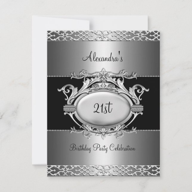 Elegant 21st Birthday Party Silver Black Invitation (Front)