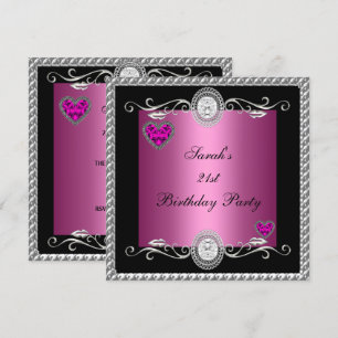 Elegant 21st Birthday Pink Black Heart Jewel Invitation