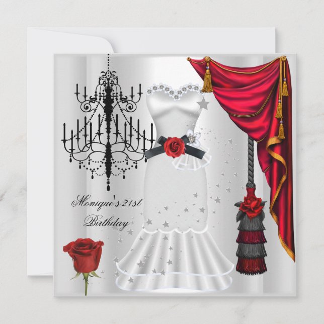 Elegant 21st Birthday Red Rose White Black Invitation (Front)