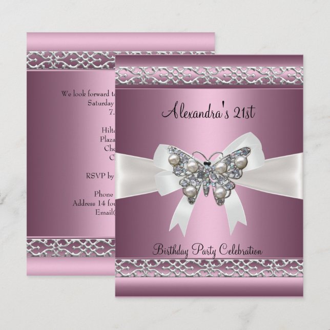 Elegant 21st Birthday Satin Pink Butterfly Jewel Invitation (Front/Back)