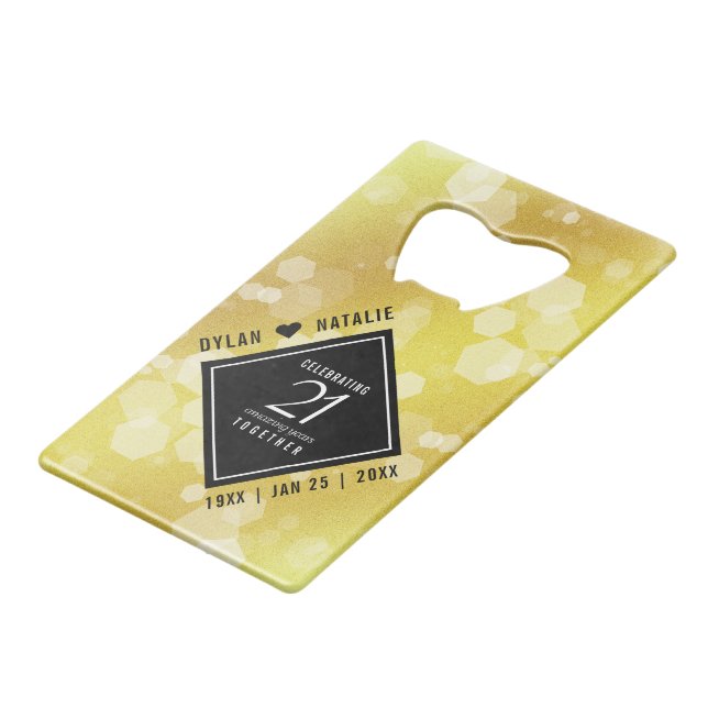 Elegant 21st Brass Wedding Anniversary Celebration Credit Card Bottle Opener (Front Angled)