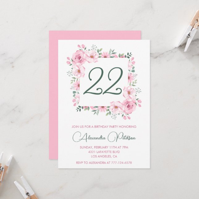 Elegant 22nd birthday invitations Floral Pink  (Front/Back In Situ)