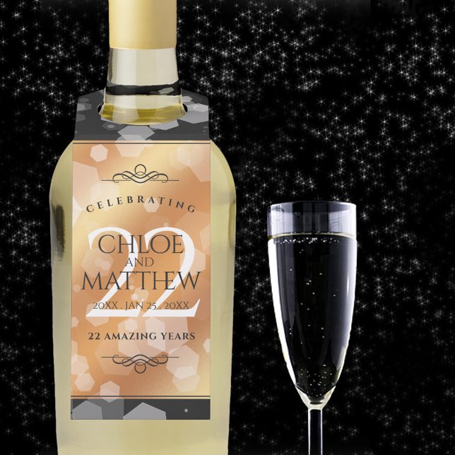 Elegant 22nd Copper Wedding Anniversary Bottle Tag (22nd wedding anniversary bottle hanger with champagne flute on a starry night sky.)