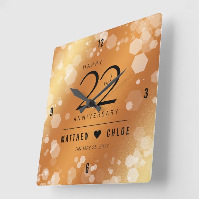 Elegant 22nd Copper Wedding Anniversary Square Wall Clock (Angle)