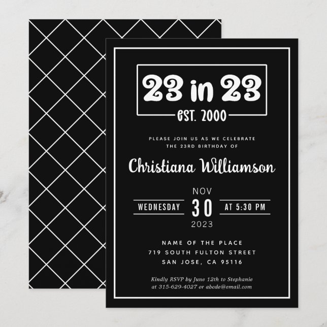 Elegant 23rd Birthday Gift 23 in 23 Est 2000 Invitation (Front/Back)