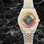 Elegant 23rd Imperial Topaz Wedding Anniversary Watch<br><div class="desc">Celebrate the 23rd imperial topaz wedding anniversary and a love that stands the test of time with this stylish watch! Elegant black and white lettering with hexagonal confetti on a deep red-yellow-orange moire background add a memorable touch for this special occasion and extraordinary milestone. Personalize with the couple's names and...</div>