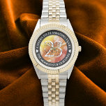 Elegant 23rd Imperial Topaz Wedding Anniversary Watch<br><div class="desc">Celebrate the 23rd imperial topaz wedding anniversary with this commemorative watch! Elegant lettering with hexagonal confetti on a golden red background add a memorable touch for this special occasion and extraordinary milestone. Customize with couple's names,  dates of marriage,  and congratulatory messages.

Design © W.H. Sim. See more at zazzle.com/expressionsoccasions</div>