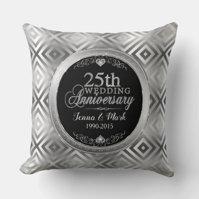 Elegant 25th Silver Geometric Wedding Template Throw Pillow (Front)