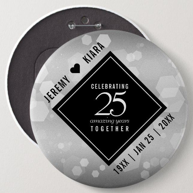 Elegant 25th Silver Wedding Anniversary 6 Inch Round Button (Front & Back)