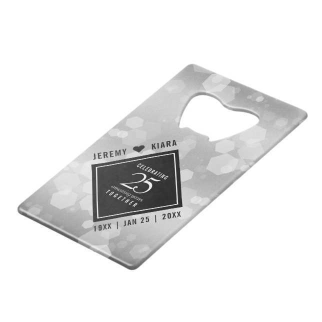Elegant 25th Silver Wedding Anniversary Credit Card Bottle Opener (Front Angled)
