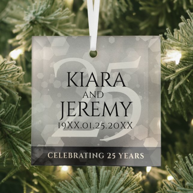 Elegant 25th Silver Wedding Anniversary Glass Ornament (Insitu)