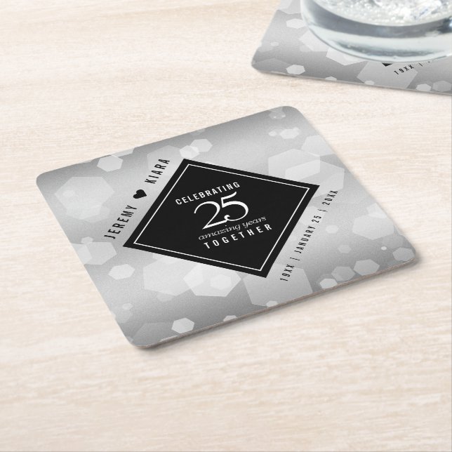 Elegant 25th Silver Wedding Anniversary Square Paper Coaster (Angled)