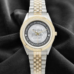 Elegant 25th Silver Wedding Anniversary Watch<br><div class="desc">Celebrate the 25th wedding anniversary with this commemorative watch! Elegant lettering with hexagonal confetti on a faux silver foil background add a memorable touch for this special occasion and extraordinary milestone. Customize with couple's names,  dates of marriage,  and congratulatory messages.

Design © W.H. Sim. See more at zazzle.com/expressionsoccasions</div>