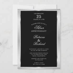 Elegant 25th Wedding Anniversary Black And Silver  Invitation