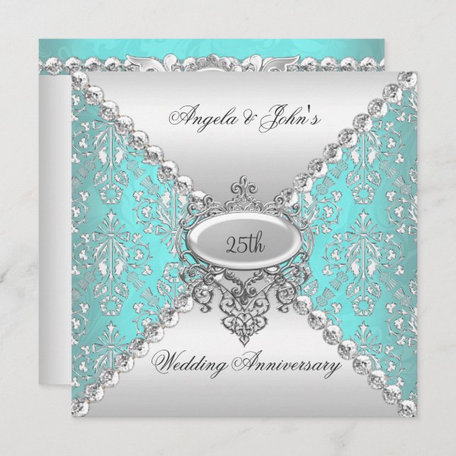 Elegant 25th Wedding Anniversary Teal Blue White Invitation (Front/Back)