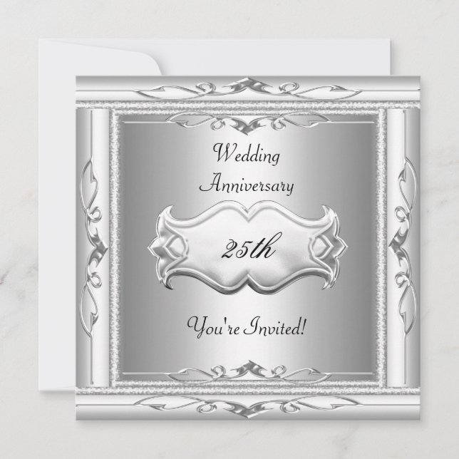Elegant  25th  Wedding Anniversary White Silver Invitation (Front)