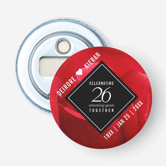 Elegant 26th Rose Wedding Anniversary Celebration Bottle Opener (Front)