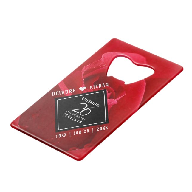 Elegant 26th Rose Wedding Anniversary Celebration Credit Card Bottle Opener (Front Angled)