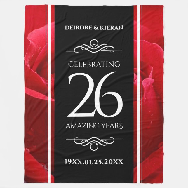 Elegant 26th Rose Wedding Anniversary Celebration Fleece Blanket (Front)