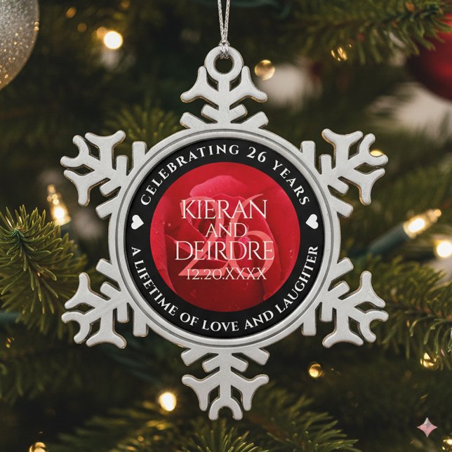 Elegant 26th Rose Wedding Anniversary Celebration Snowflake Pewter Christmas Ornament (26th Rose Wedding Anniversary Snowflake Pewter Ornament Cover Photo)