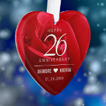 Elegant 26th Rose Wedding Anniversary Ornament<br><div class="desc">Celebrate the 26th rose wedding anniversary with this stylish ornament! Elegant white lettering on a romantic red rose background add a memorable touch for this special occasion and extraordinary milestone. Personalize with couple's names and wedding date. Reverse shows identical design. Use as is, or replace with a photo. This design...</div>