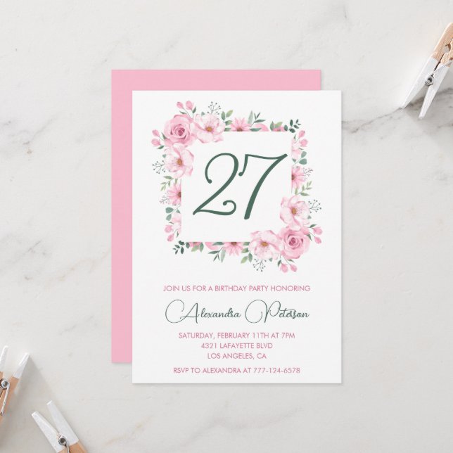 Elegant 27th birthday invitations Floral Pink  (Front/Back In Situ)