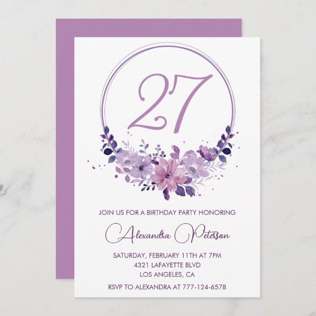 Elegant 27th birthday invitations Floral Purple (Front/Back)