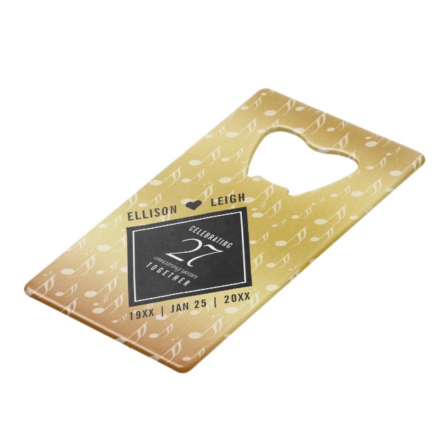 Elegant 27th Music Wedding Anniversary Celebration Credit Card Bottle Opener (Front Angled)