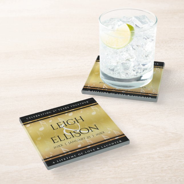 Elegant 27th Music Wedding Anniversary Celebration Glass Coaster (Angled)