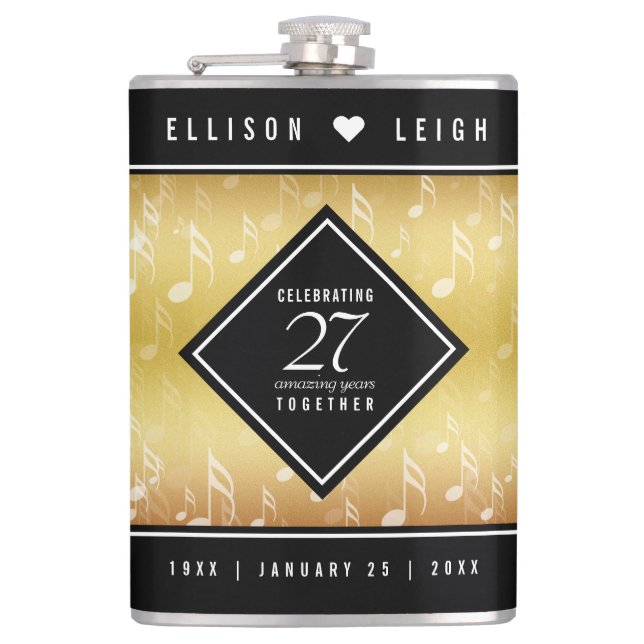 Elegant 27th Music Wedding Anniversary Celebration Hip Flask (Front)