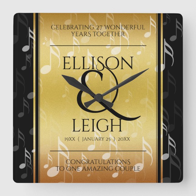 Elegant 27th Music Wedding Anniversary Celebration Square Wall Clock (Front)