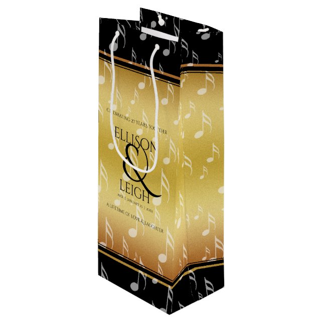 Elegant 27th Music Wedding Anniversary Celebration Wine Gift Bag (Front Angled)