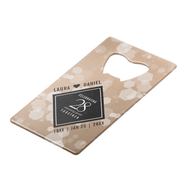 Elegant 28th Linen Wedding Anniversary Celebration Credit Card Bottle Opener (Front Angled)
