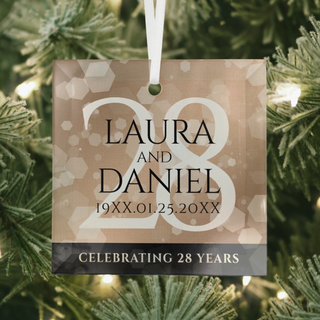 Elegant 28th Linen Wedding Anniversary Celebration Glass Ornament (Insitu)