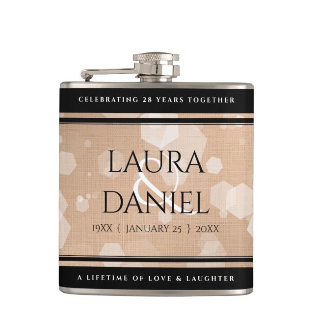 Elegant 28th Linen Wedding Anniversary Celebration Hip Flask (Front)