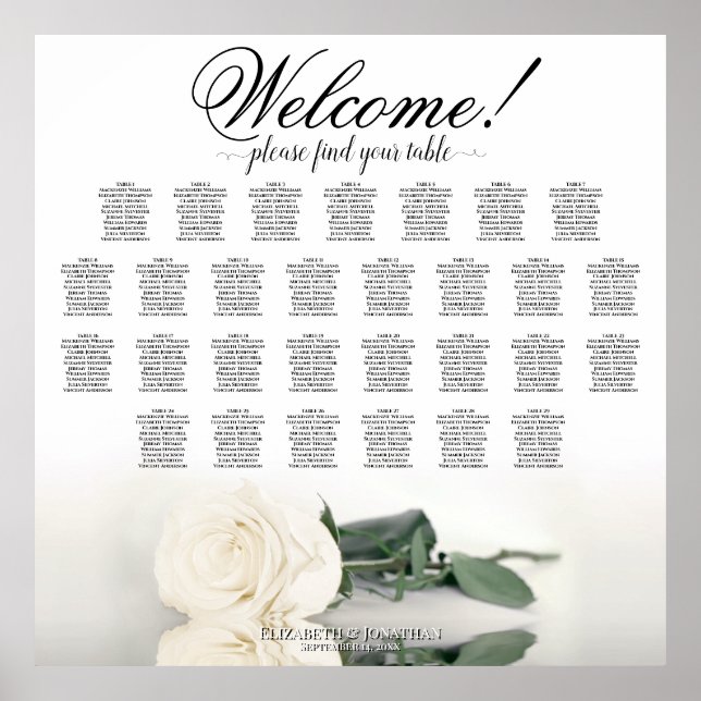 Elegant 29 Table White Rose Wedding Seating Chart (Front)