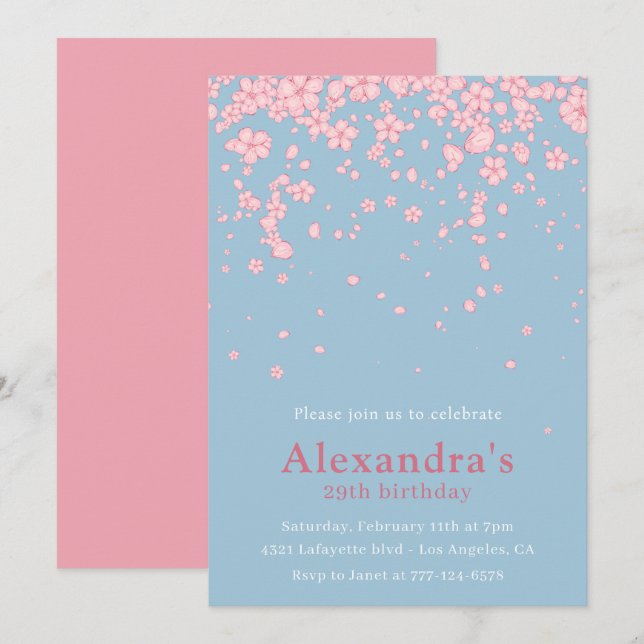 Elegant 29th birthday invitations Floral Pink Blue (Front/Back)