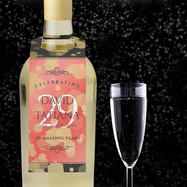 Elegant 29th Garnet Wedding Anniversary Bottle Tag (29th wedding anniversary bottle hanger with champagne flute on a starry night sky.)