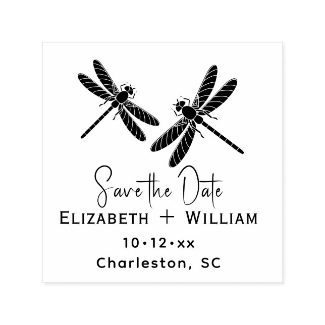 Elegant 2 Dragonflies Wedding Couple Save the Date Self-inking Stamp (Design)
