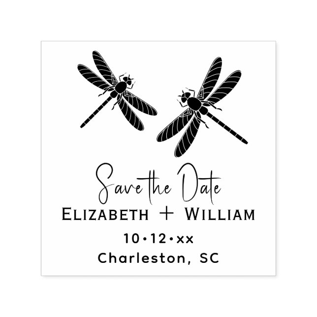 Elegant 2 Dragonflies Wedding Couple Save the Date Self-inking Stamp (Design)