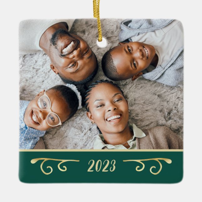Elegant 2 Photo 2-Sided Family Photo Gold Emerald Ceramic Ornament (Front)