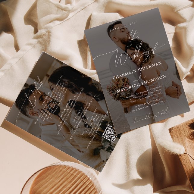 Elegant 2 photo Budget QR code Wedding  Invitation (Creator Uploaded)